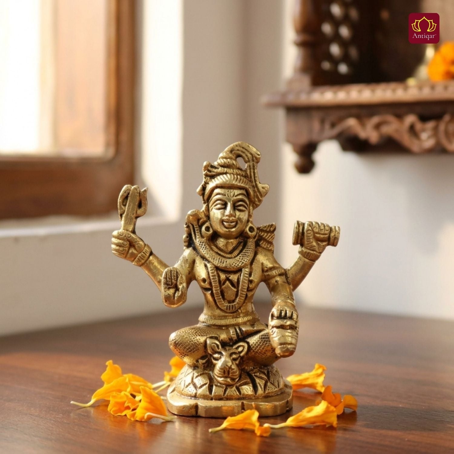 Brass Shiv Ji Idol – 8.5 cm | Sitting on Tiger Head | Antique Golden Finish | Handcrafted Spiritual Decor for Temple, Home & Table