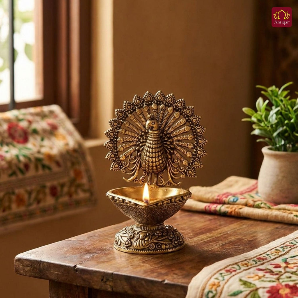 Brass Dancing Peacock on Diya - 7.5cm | Antique Finish | Spritual use for Pooja, Temple & Festival Decor