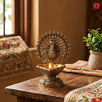 Brass Dancing Peacock on Diya - 7.5cm | Antique Finish | Spritual use for Pooja, Temple & Festival Decor