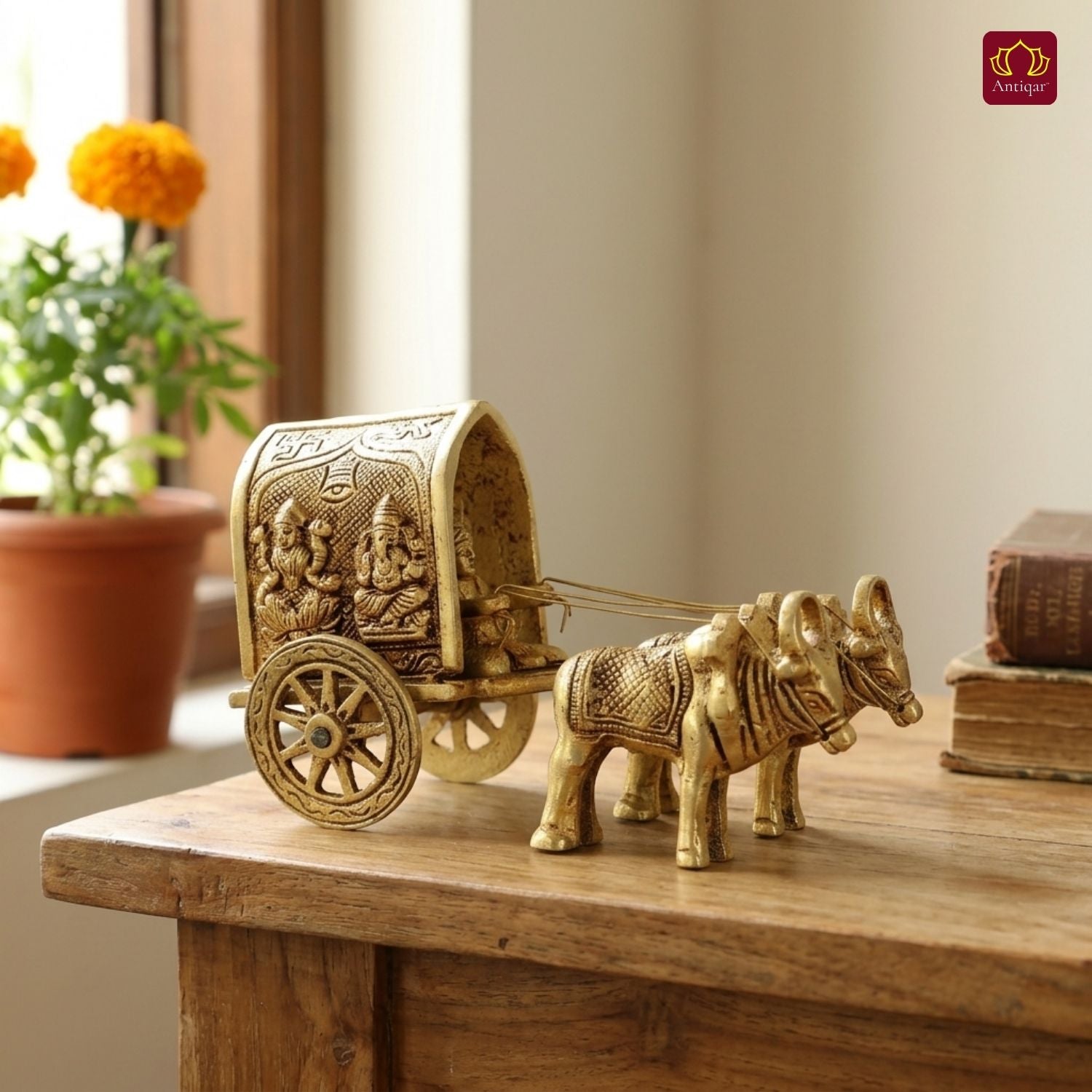 Brass Bullock Cart Showpiece – 10 cm | With Lakshmi & Ganesh Carving on Sides | Antique Golden Finish | Handcrafted Decor for Temple, Home & Festival Use