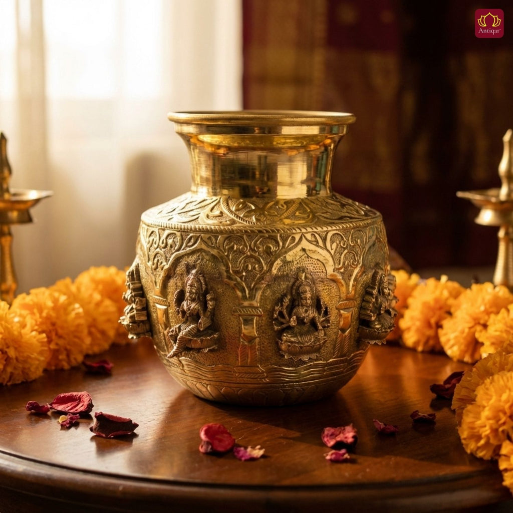 Brass Ashta Lakshmi Kalash - 14cm | Antique Yellow Finish | Spritual use for Pooja, Temple & Festival Decor