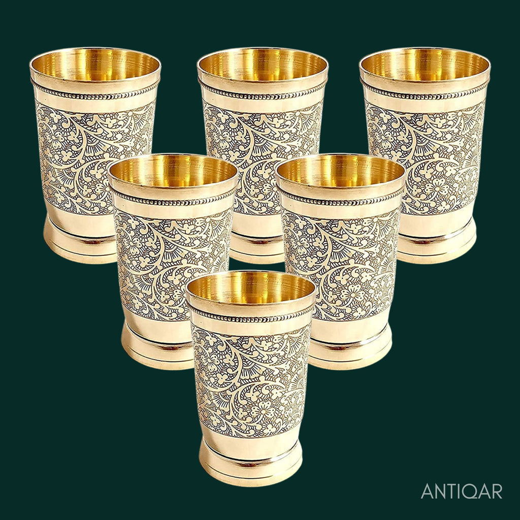 Brass Etching Design Glass - 10.5cm | Serve water & Milks | Antique Golden Finish | Traditional Mughlai Style use for serving in Kitchen, Festivals and Restaurents  (Pack of 6 set)