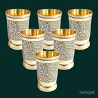 Brass Etching Design Glass - 10.5cm | Serve water & Milks | Antique Golden Finish | Traditional Mughlai Style use for serving in Kitchen, Festivals and Restaurents  (Pack of 6 set)
