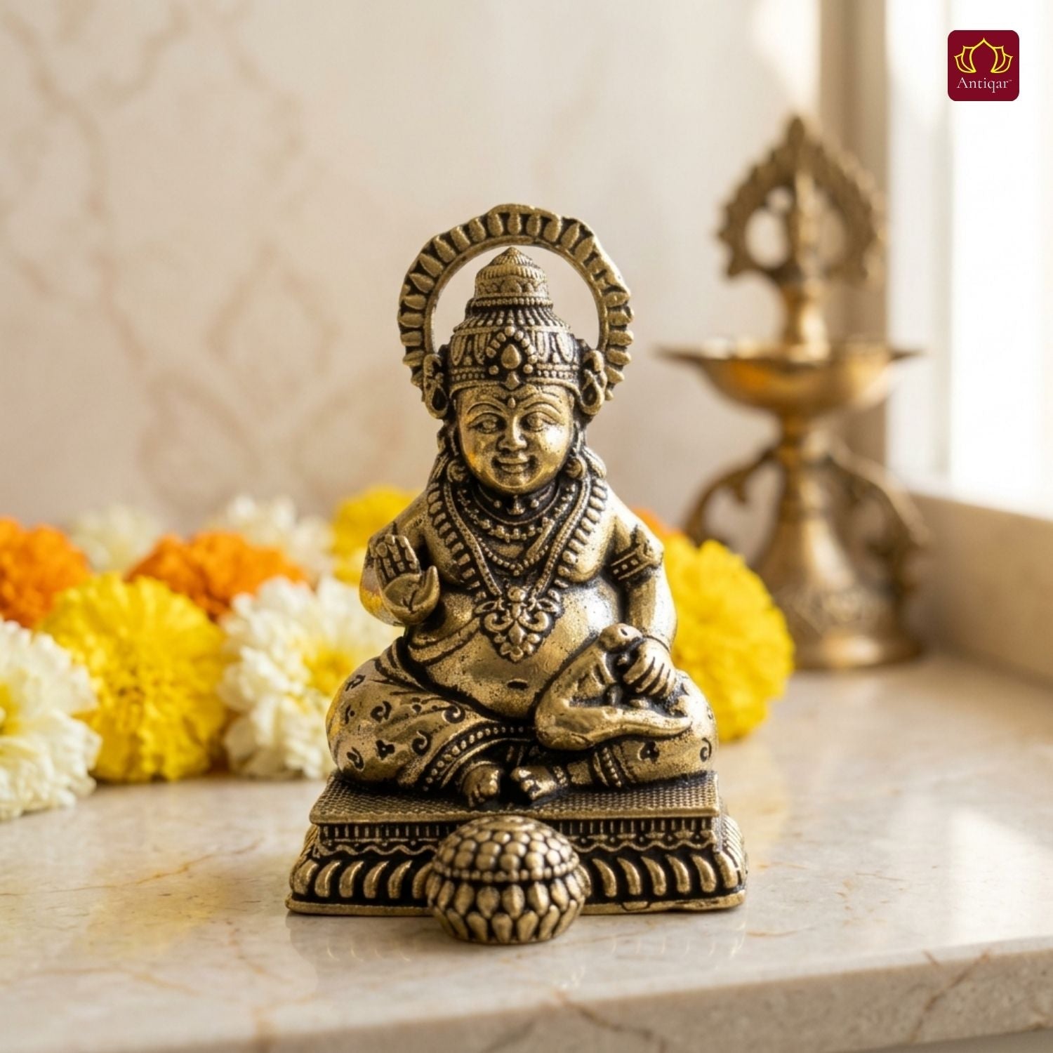 Brass Kuber Idol - 7.5cm | Antique Finish | Handcrafted Decor for Temple, Home & Car Dashboard