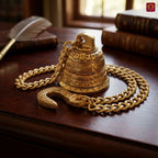 Designer Brass Bell with Kunda Chain – 6 cm | Antique Golden Finish | Handcrafted Puja Hanging for Temple, Home & Festival Decor