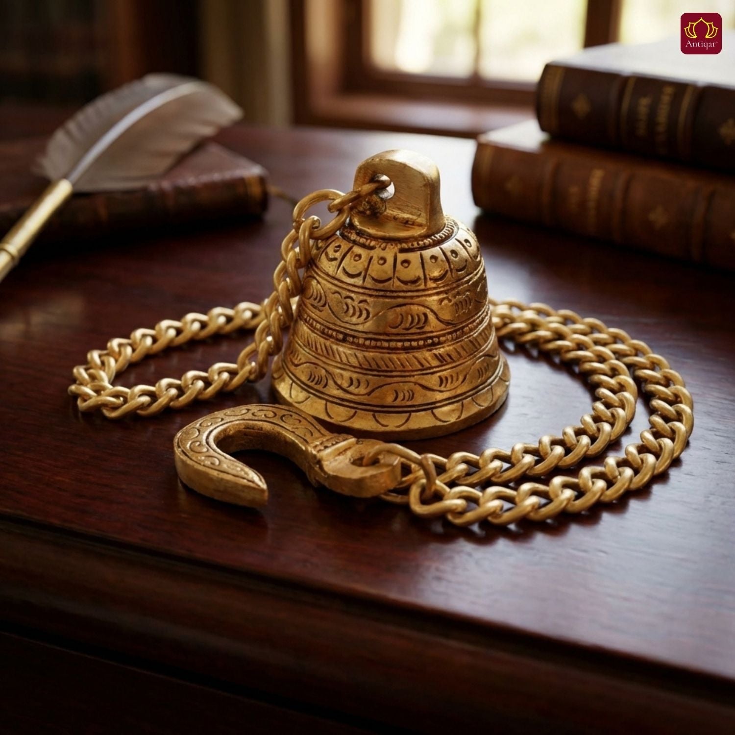 Designer Brass Bell with Kunda Chain – 6 cm | Antique Golden Finish | Handcrafted Puja Hanging for Temple, Home & Festival Decor