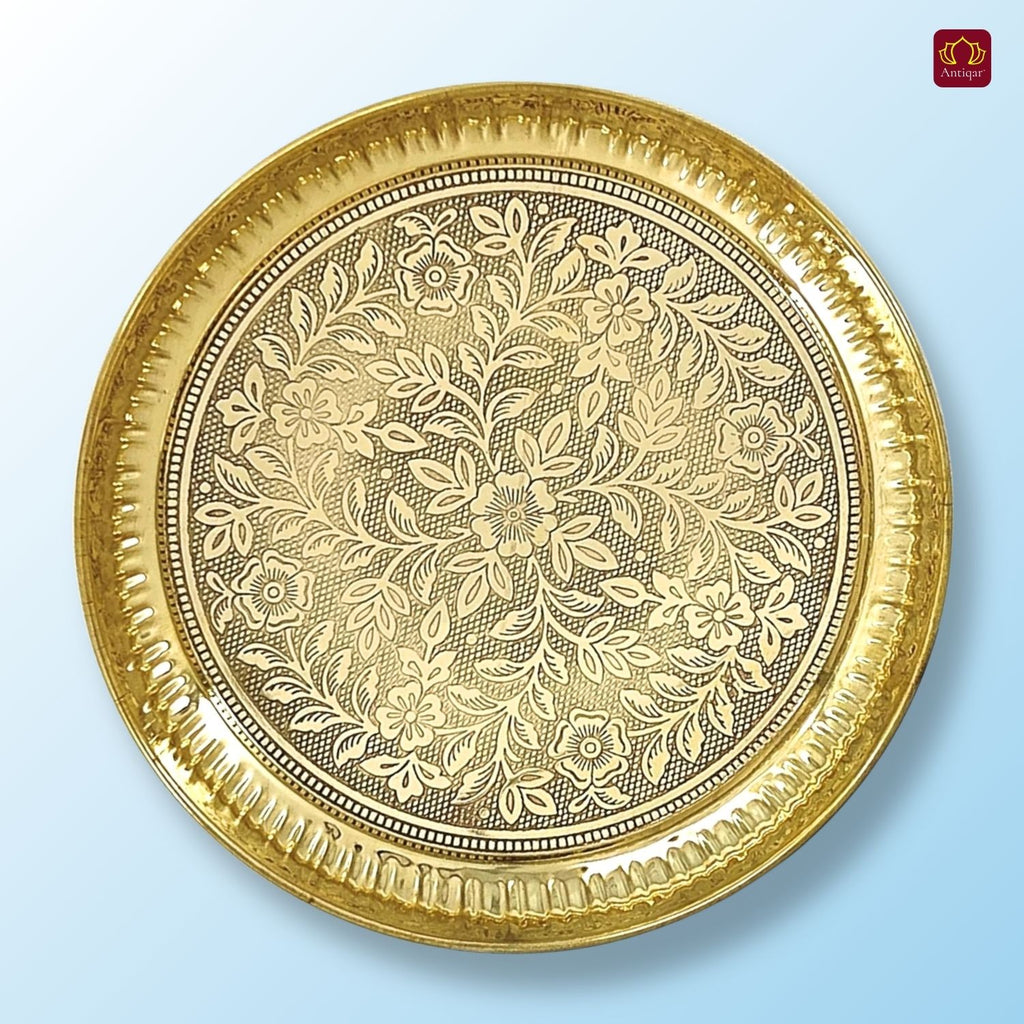 Brass Etching Floral Design Plate - 2.5cm | Serve Main Course items in Lunch & Dinner | Antique Golden Finish | Traditional Mughlai Style use for serving in Kitchen, Festivals and Restaurents