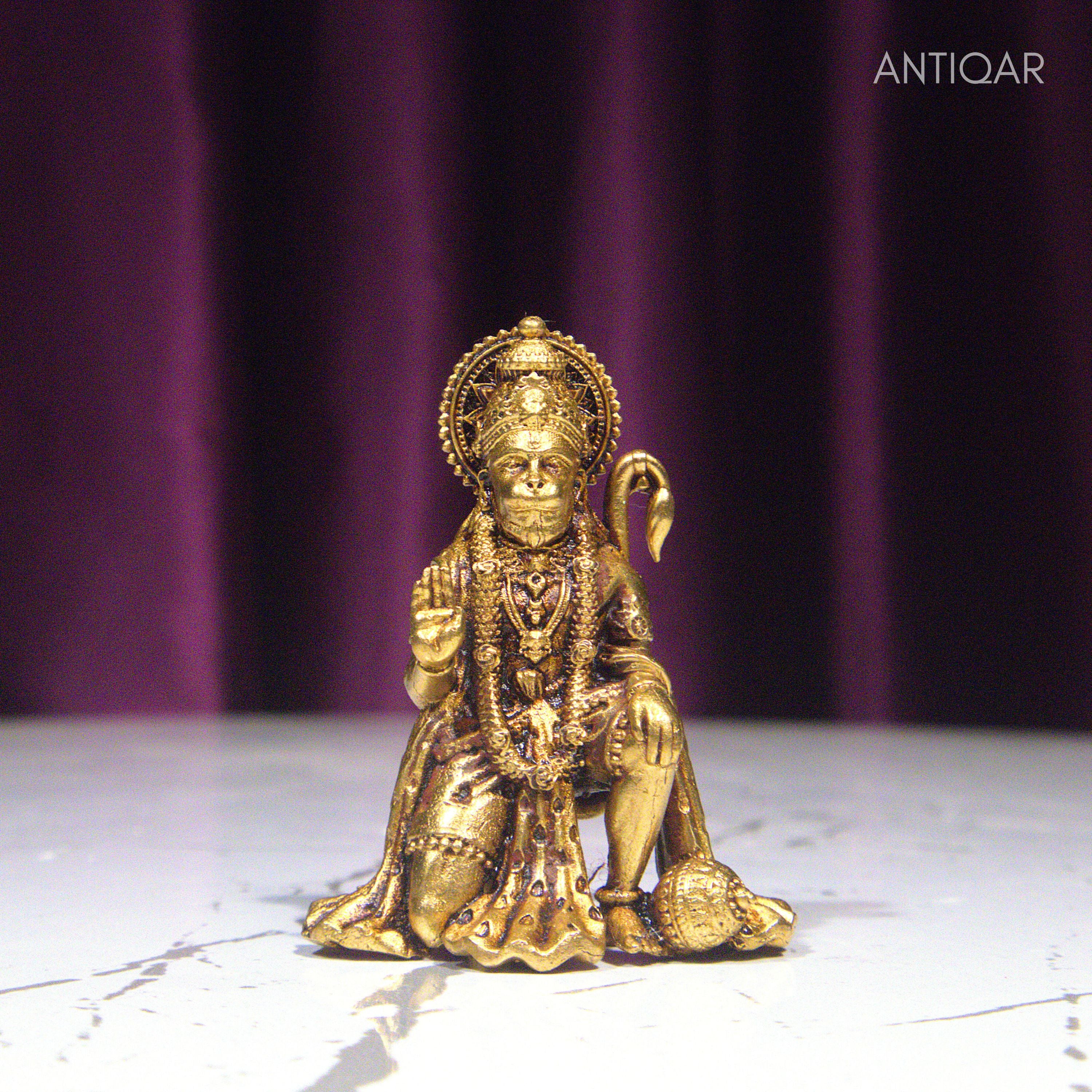 Brass Vintage Base Sitting Hanuman Ji Idol – 4cm | Antique Finish | Spiritual Idol for Temple, Home & Car Dashboard Decor