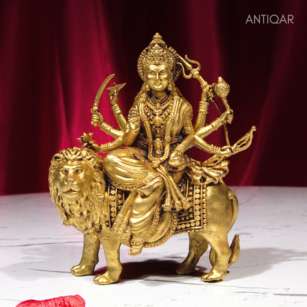 Brass Sherawali Maa Idol - 10cm | Sitting on Lion | Antique Golden Finish | Spiritual Idol for Temple & Home Decor