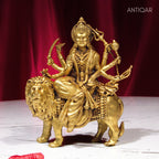 Brass Sherawali Maa Idol - 10cm | Sitting on Lion | Antique Golden Finish | Spiritual Idol for Temple & Home Decor