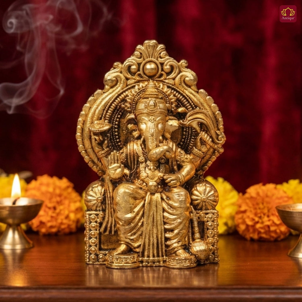 Brass Ganesh Ji Idol - 5cm | Sitting on Singhasan | Antique Golden Finish | Spiritual Idol for Temple & Home Decor