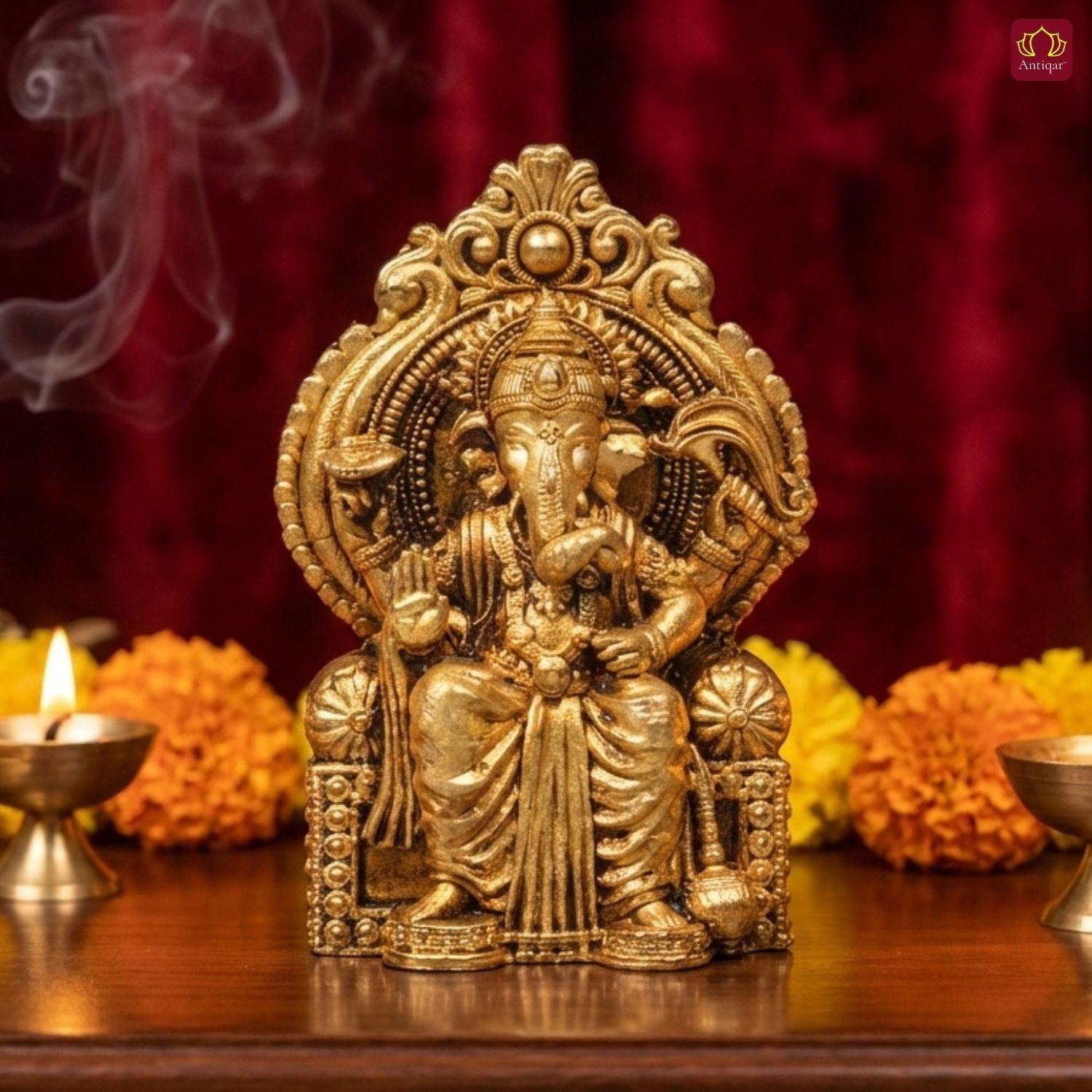 Brass Ganesh Ji Idol - 5cm | Sitting on Singhasan | Antique Golden Finish | Spiritual Idol for Temple & Home Decor