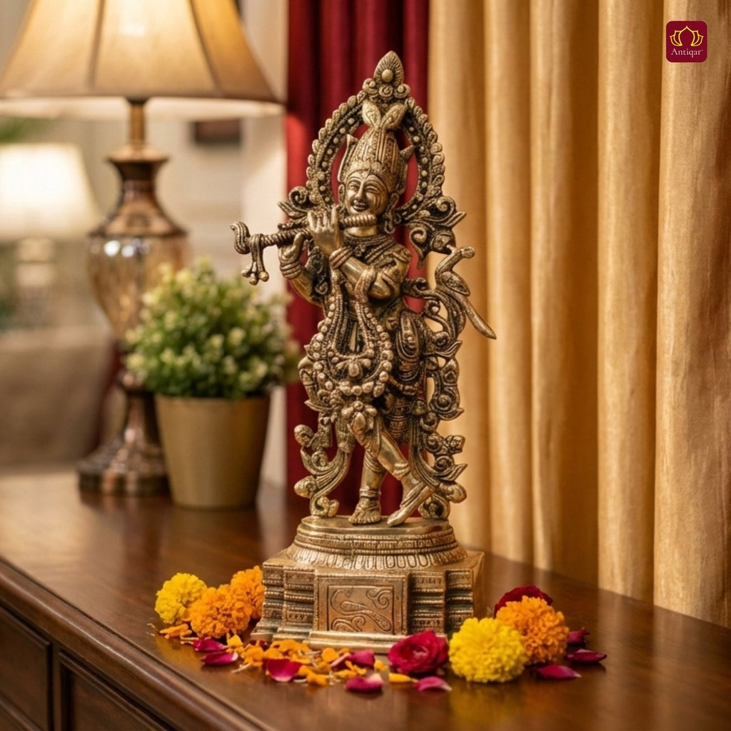 Antiqar Lord Krishna Playing Flute | Antique Brass Statue | Handcrafted Artwork | Home & Office Décor | Ideal for Gifting & Spiritual Blessings
