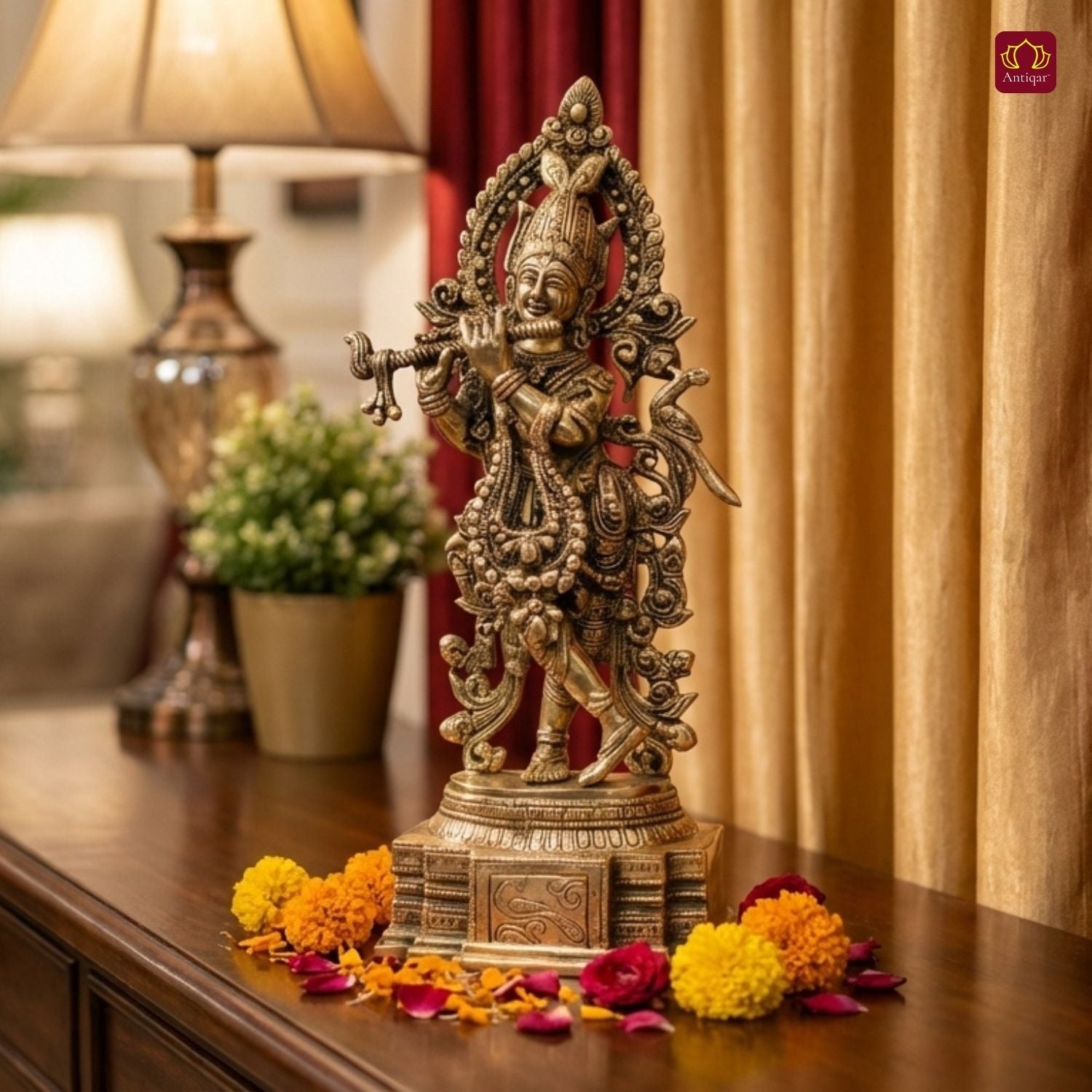 Antiqar Lord Krishna Playing Flute | Antique Brass Statue | Handcrafted Artwork | Home & Office Décor | Ideal for Gifting & Spiritual Blessings