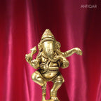 Brass Aarti Diya – 21 cm | Twin Peacock Design with Dancing Ganesha on Top | Antique Golden Finish | Handcrafted for Temple, Home & Religious Decor