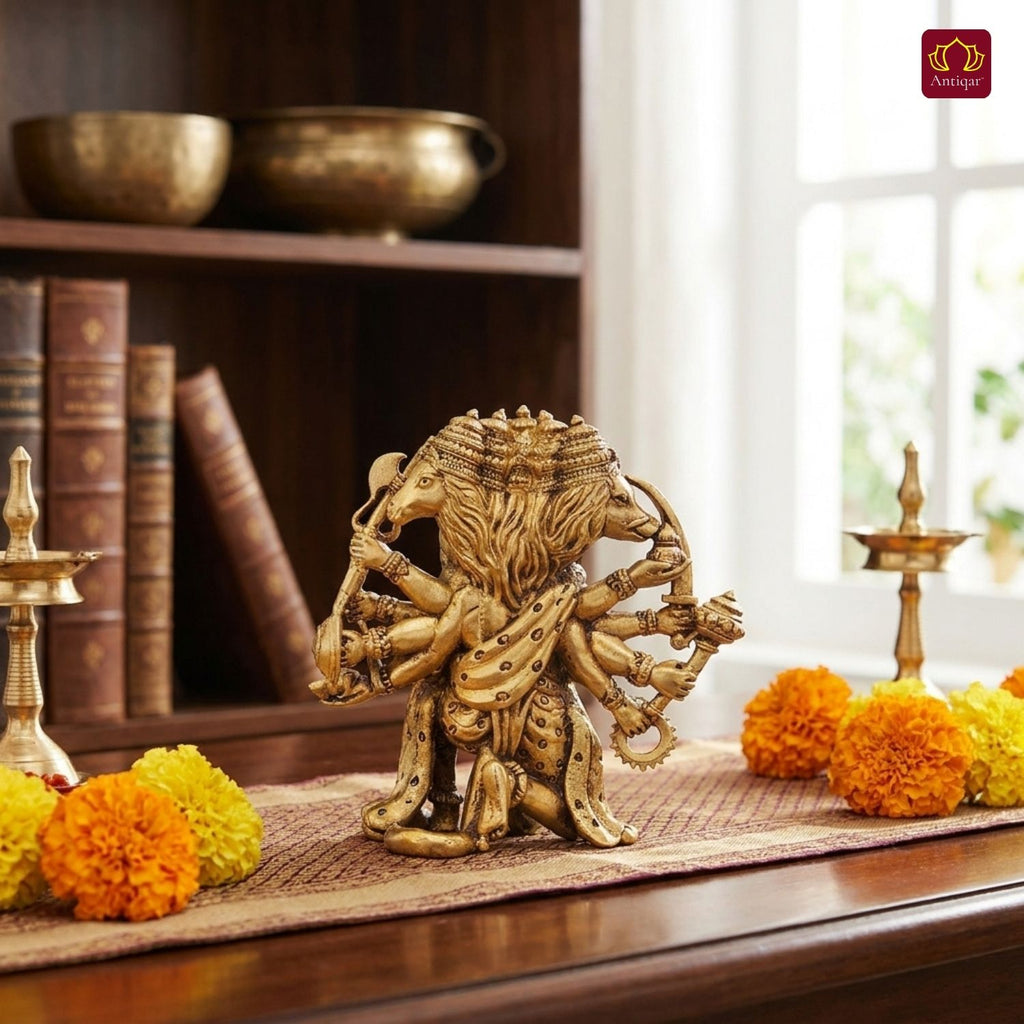 Brass Panchmukhi Hanuman Idol - 8cm | Antique Golden Finish | Spiritual Idol for Temple & Home Decor