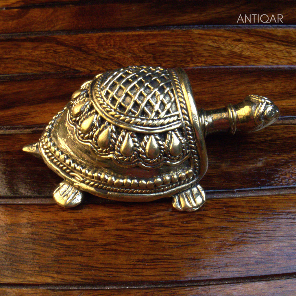 "Dhokra Art Brass Tortoise – 3 cm | Antique Finish Tribal Handcrafted Turtle Showpiece for Temple, Home & Table Decor  "