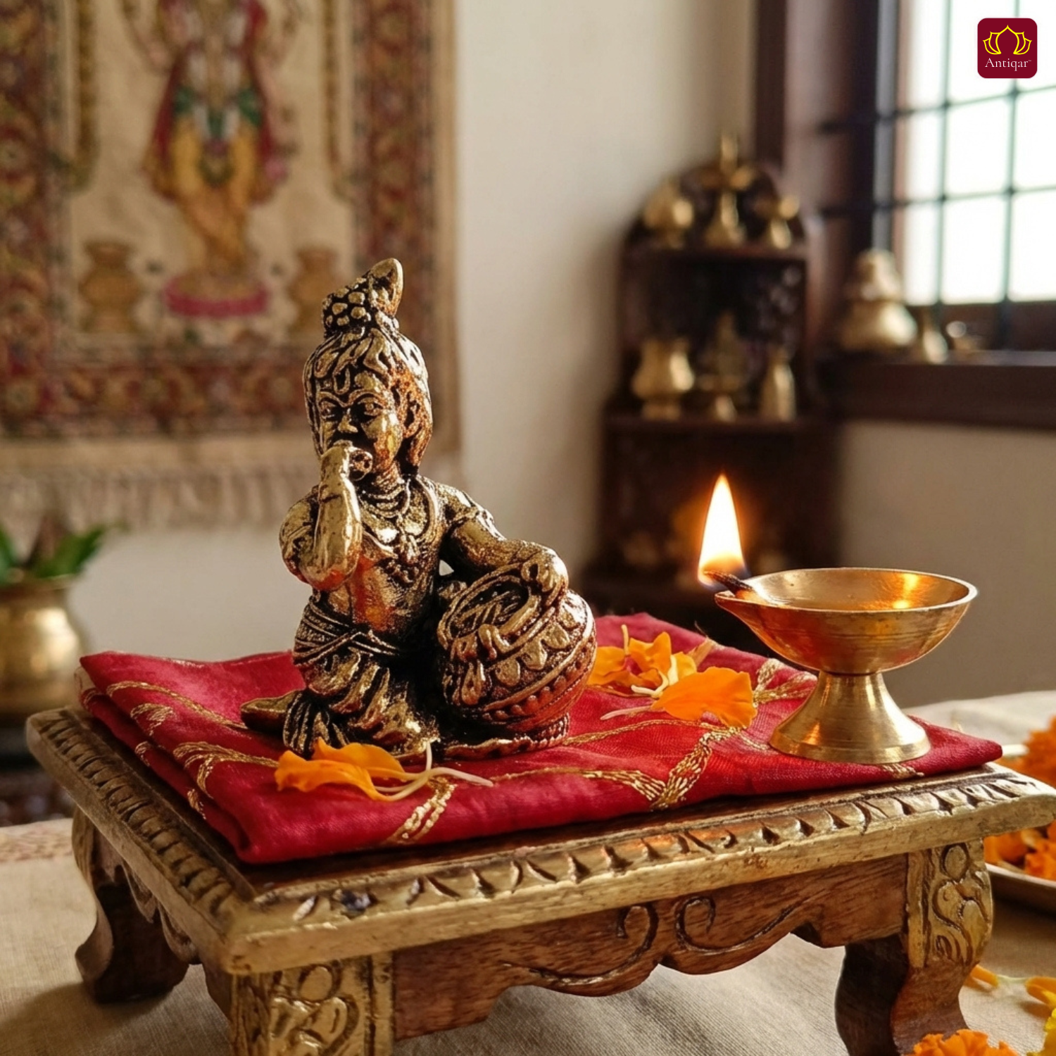 Brass Miniature Krishna idol with Makhhan Matka - 2.5cm | Antique Finish | Spritual use for Home, Temple & Car Dashboard Decor