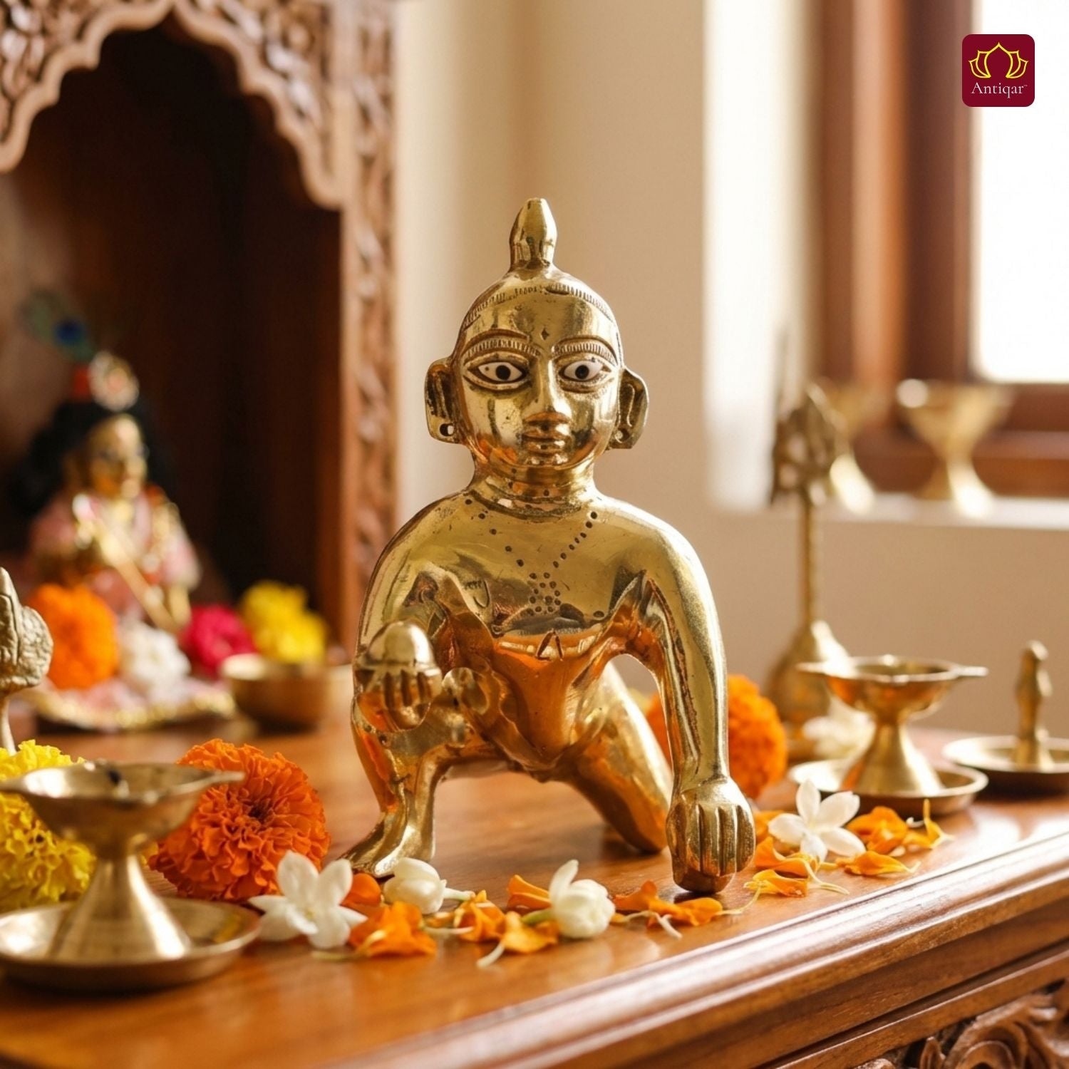 Handcrafted Laddu Gopal Brass Idol - 12cm | Superfine Finish | For Pooja, Temple & Car Dashboard Decor