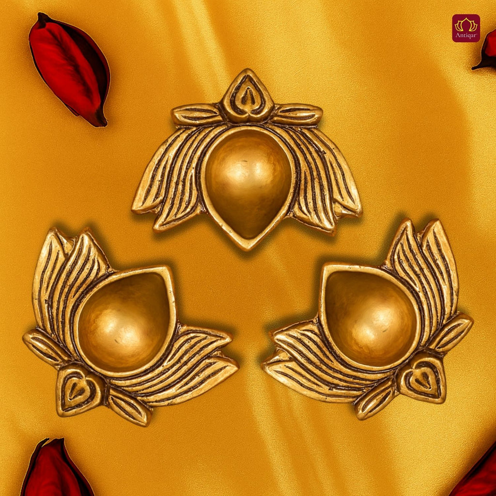 Brass Lotus Diya -2cm | Antique Golden Finish | Handcrafted for Pooja Temple & Festival Decor  (Set of 3)