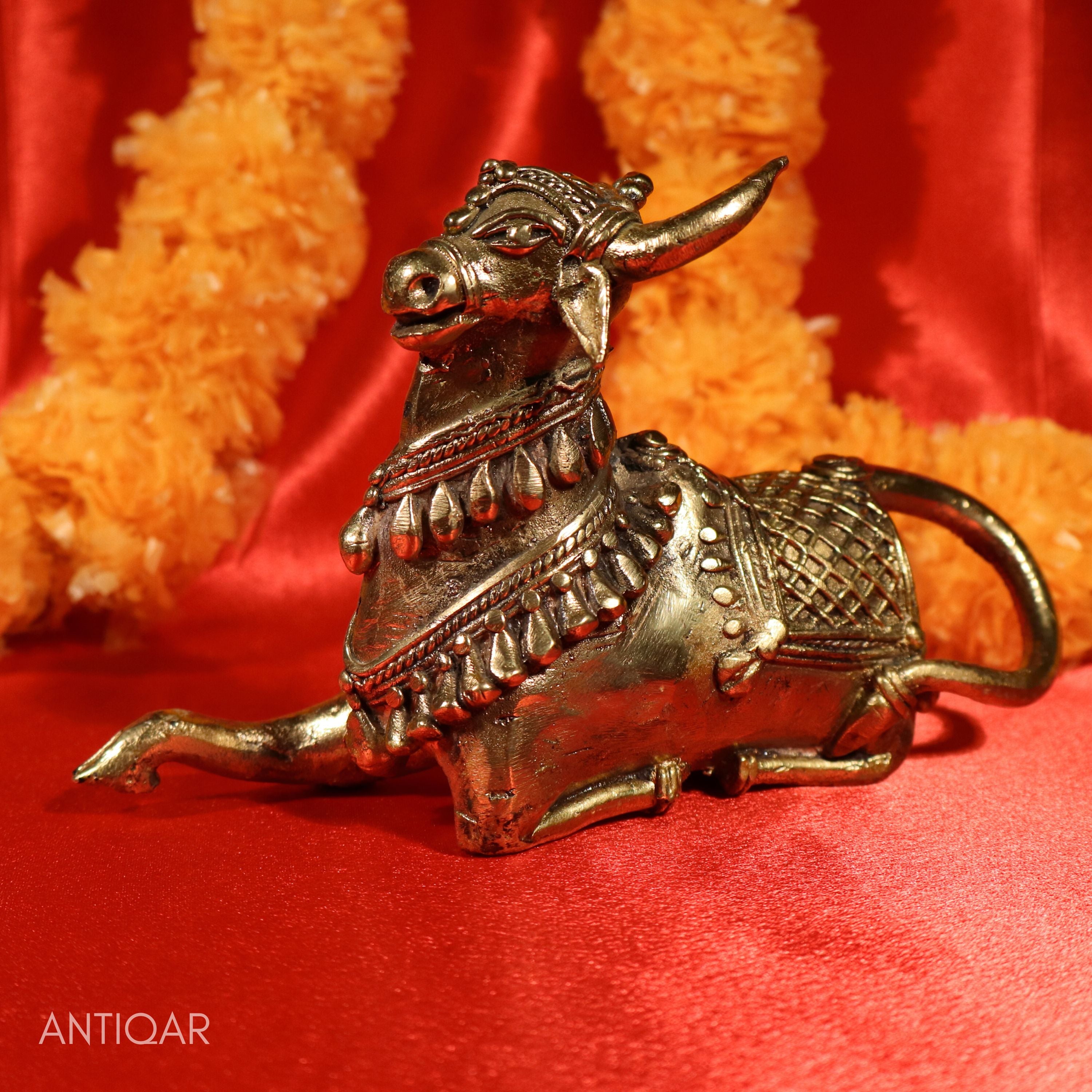 Dhokra Art Brass Nandi – 12 cm | Sitting Position in Antique Finish | Tribal Handcrafted Showpiece for Temple, Home & Table Decor