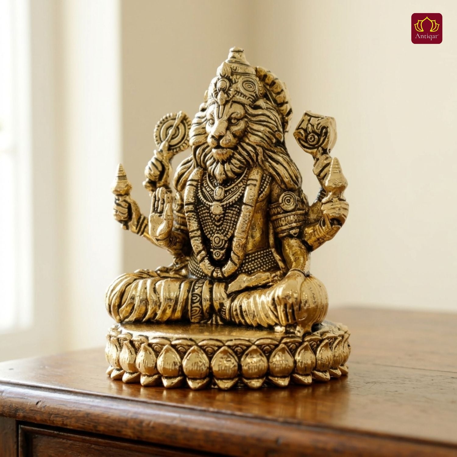 Brass Narsimha Ji Idol - 7.5cm  | Golden Finish | Spiritual Idol for Home, Office, Workshop, Temple & Car Dashboard Decor