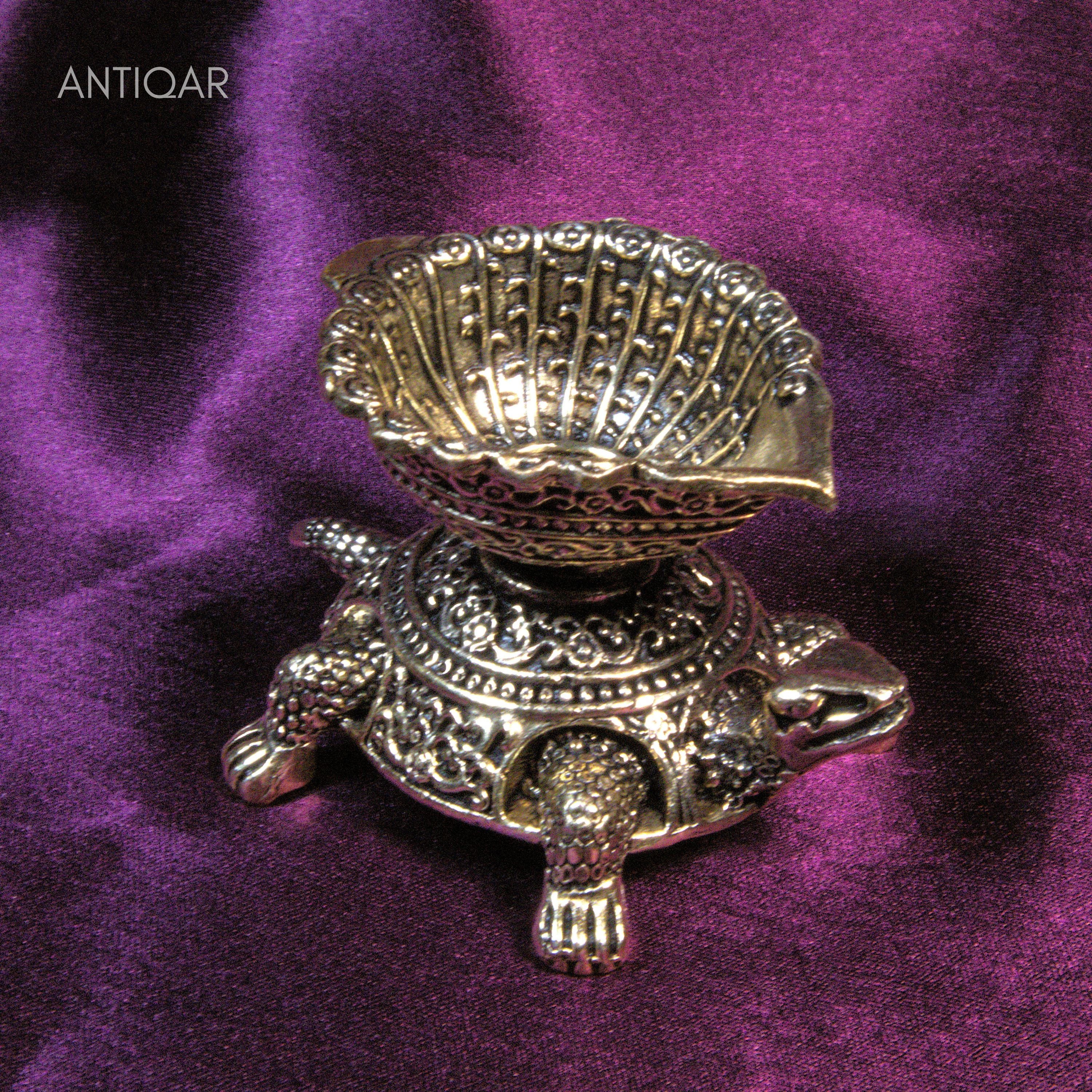 Brass Diya on Turtle - 4cm | Antique Finish | Spritual use for Pooja, Temple & Festival Decor