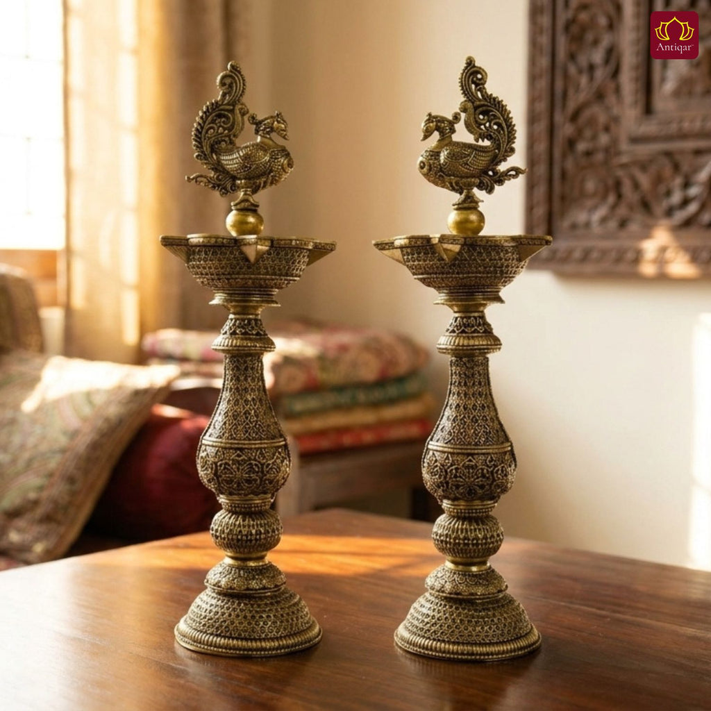 Brass Peacock Oil Lamp –20 cm | Antique Finish | Handcrafted Decor for Temple, Table & Home (Pack of 2)