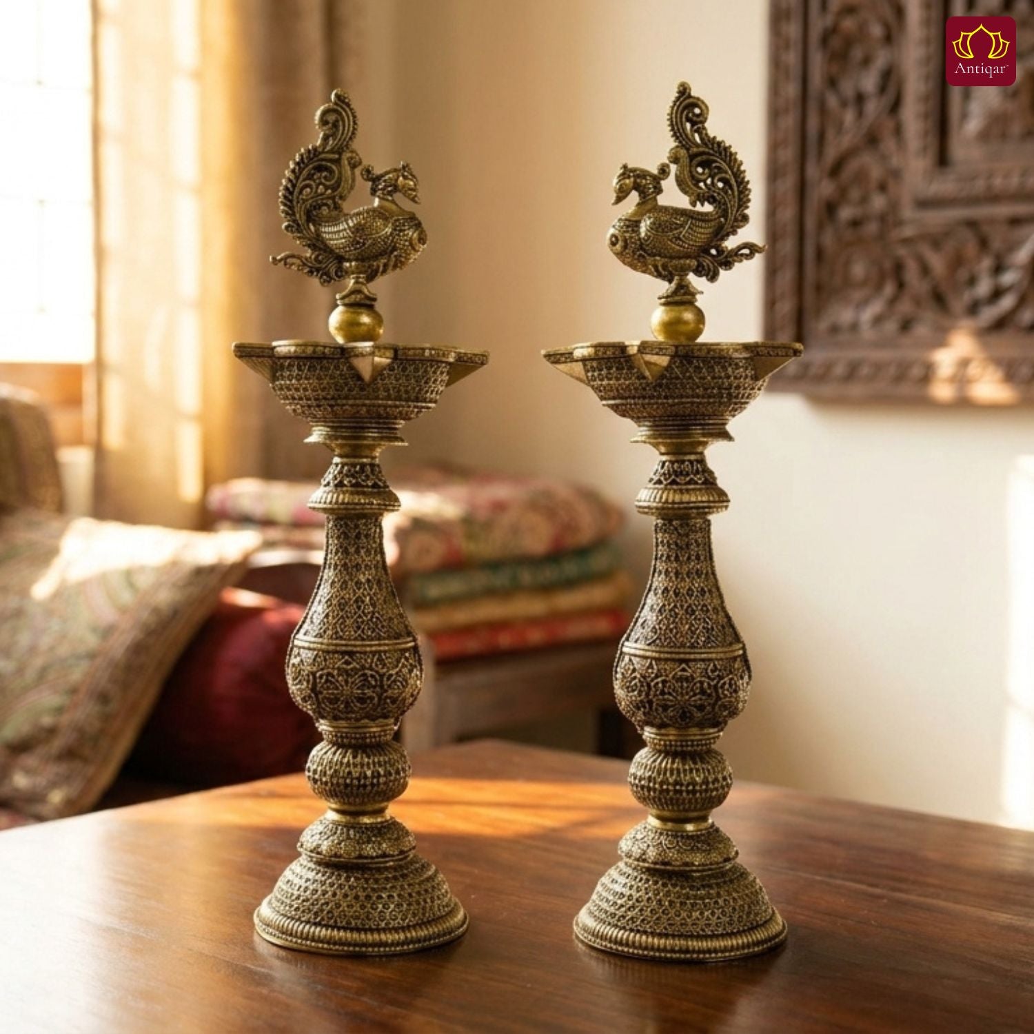 Brass Peacock Oil Lamp –20 cm | Antique Finish | Handcrafted Decor for Temple, Table & Home (Pack of 2)