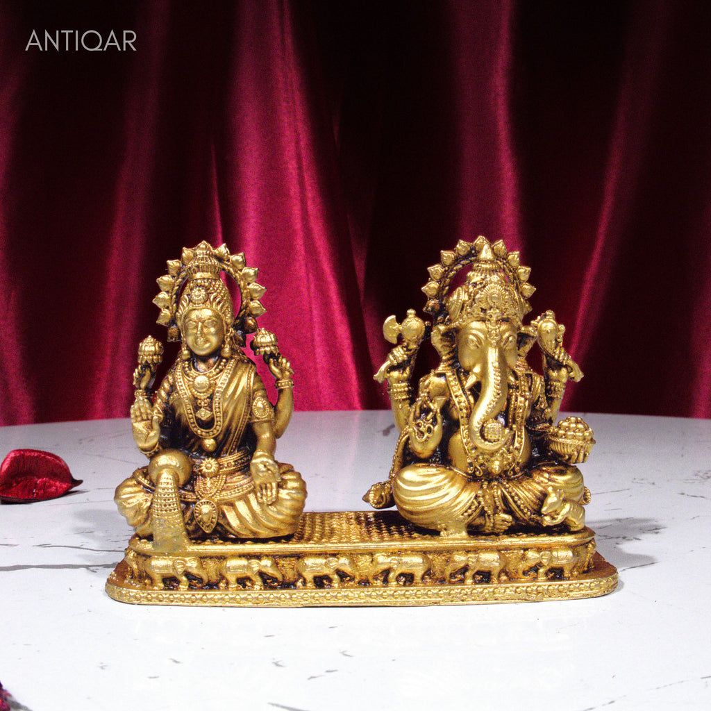 Brass Ganesh Laxmi Idol - 7.5 cm | Antique Finish | Spiritual Idol for Temple & Home Decor (One Set)