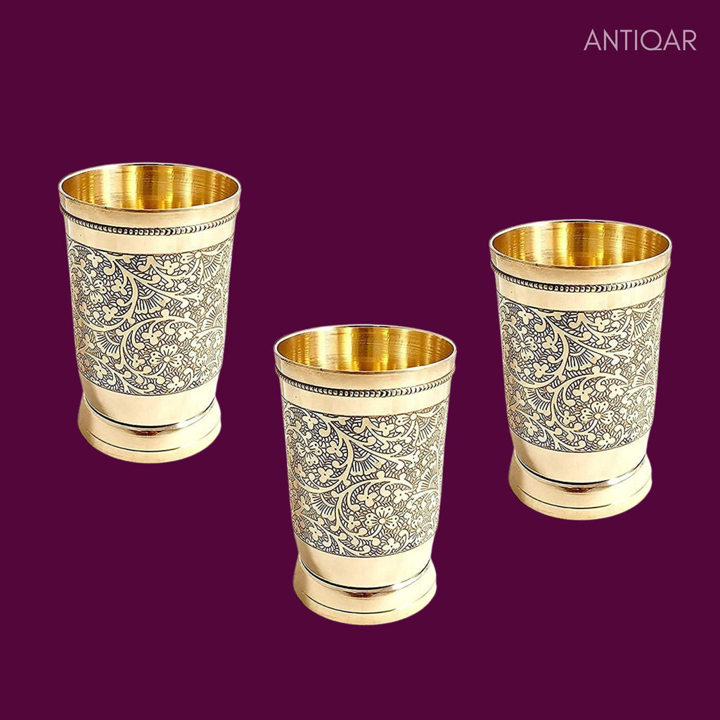 Brass Etching Design Glass - 10.5cm | Serve water & Milks | Antique Golden Finish | Traditional Mughlai Style use for serving in Kitchen, Festivals and Restaurents  (Pack of 3 set)
