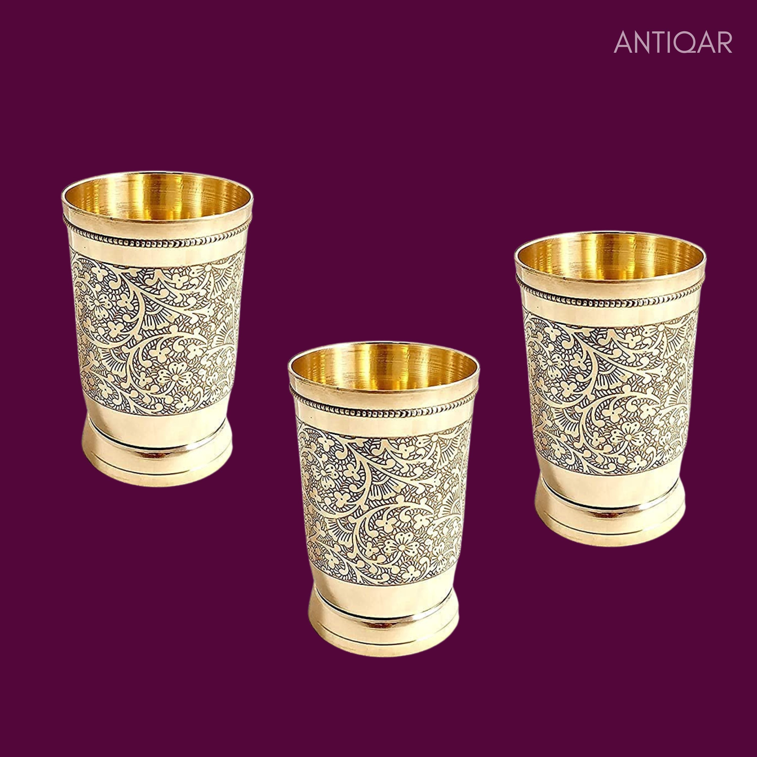 Brass Etching Design Glass - 10.5cm | Serve water & Milks | Antique Golden Finish | Traditional Mughlai Style use for serving in Kitchen, Festivals and Restaurents  (Pack of 3 set)