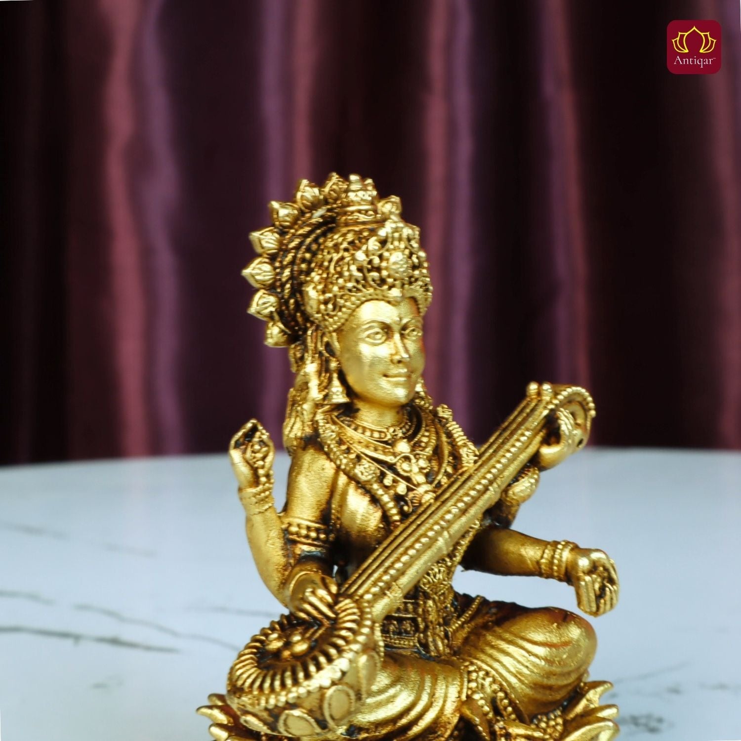 Brass Saraswati Ji Idol - 7.5cm | Antique Golden Finish | Spiritual Idol for Temple & Home Decor