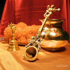 "Dancing Ganesha on Hawan Spoon – 22 cm | Antique Golden Finish | Handcrafted Brass Puja Item for Temple, Home & Festive Decor   "