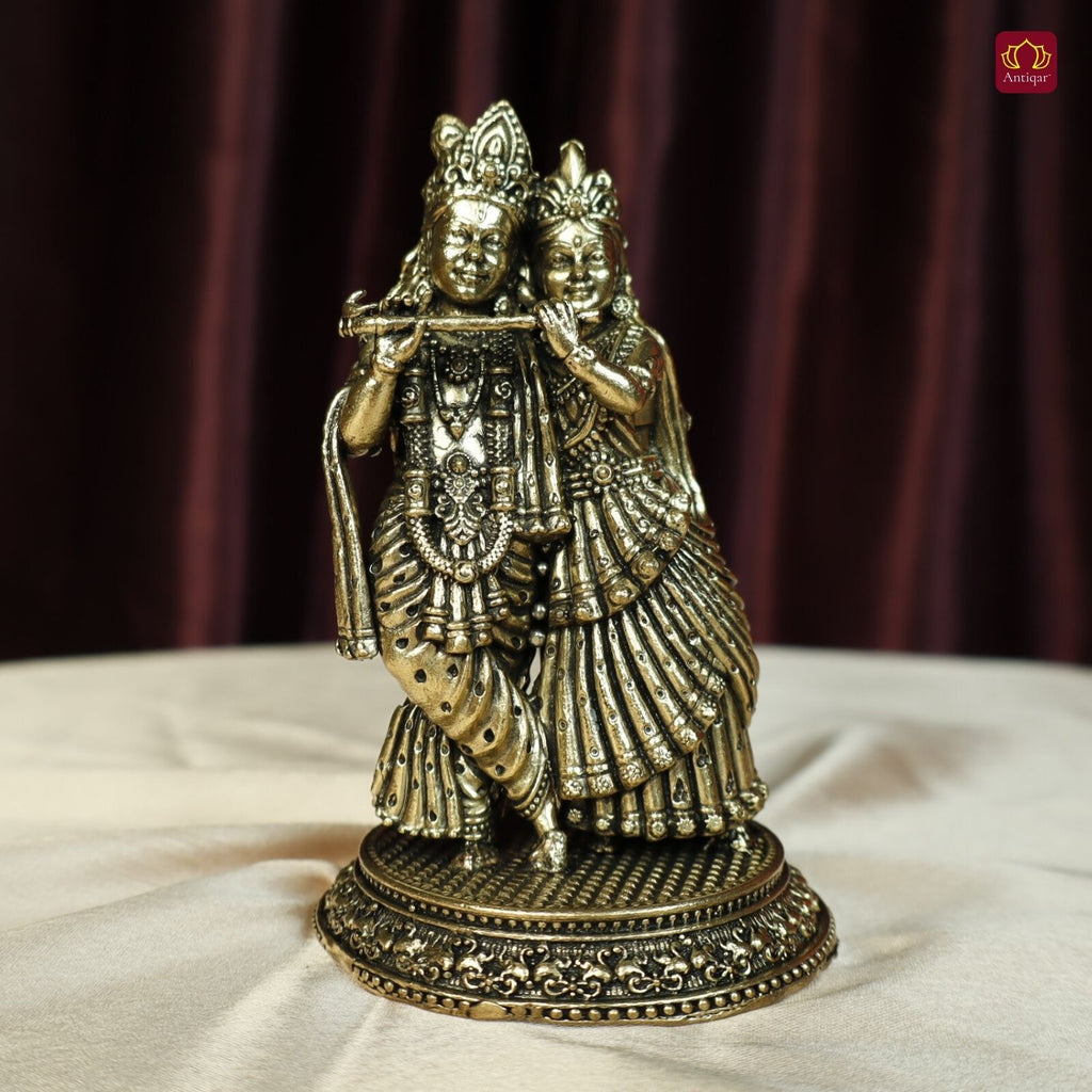 Brass Designer Radhakrishna Idol - 12cm | Antique Finish | Spiritual Idol for Temple & Home Decor