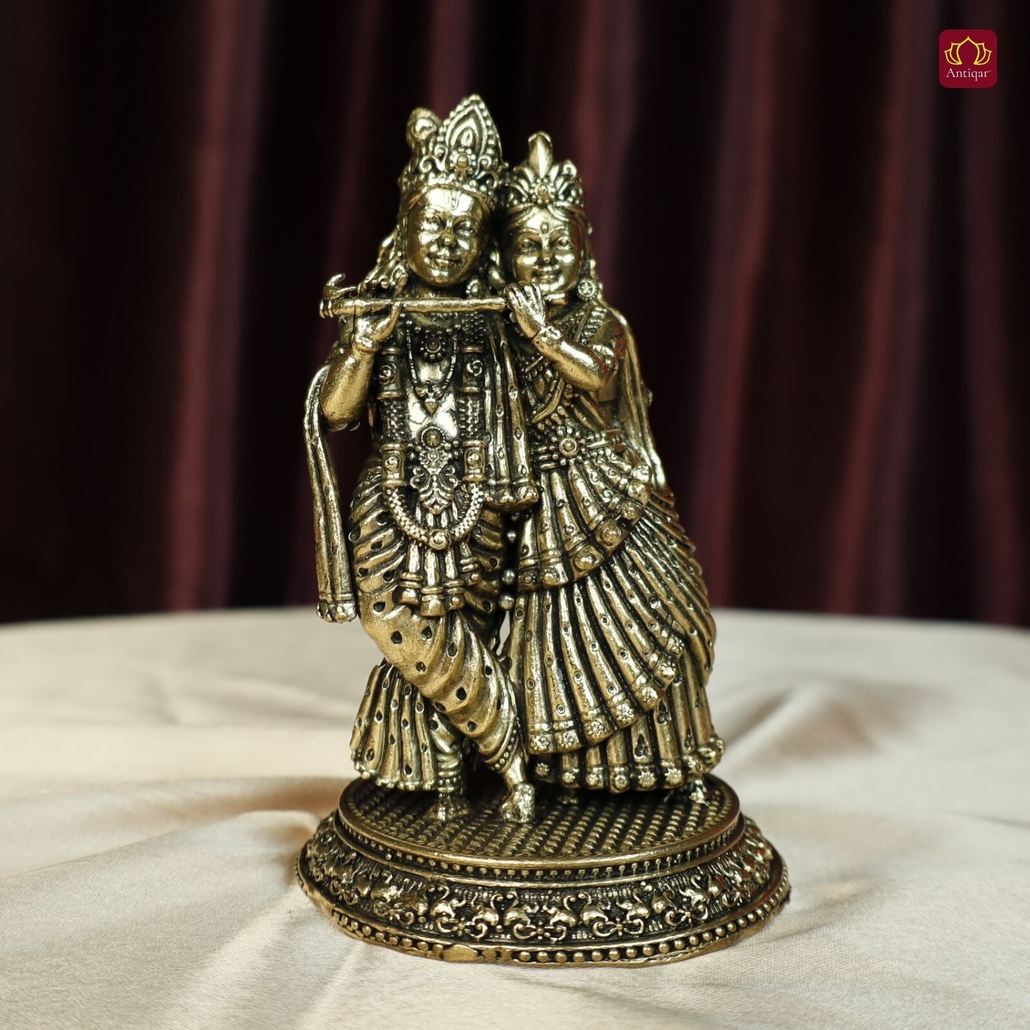 Brass Designer Radhakrishna Idol - 12cm | Antique Finish | Spiritual Idol for Temple & Home Decor