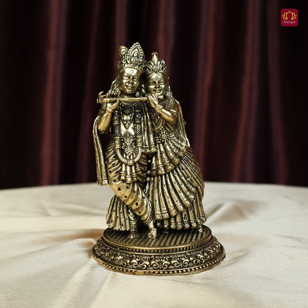 Brass Designer Radhakrishna Idol - 12cm | Antique Finish | Spiritual Idol for Temple & Home Decor
