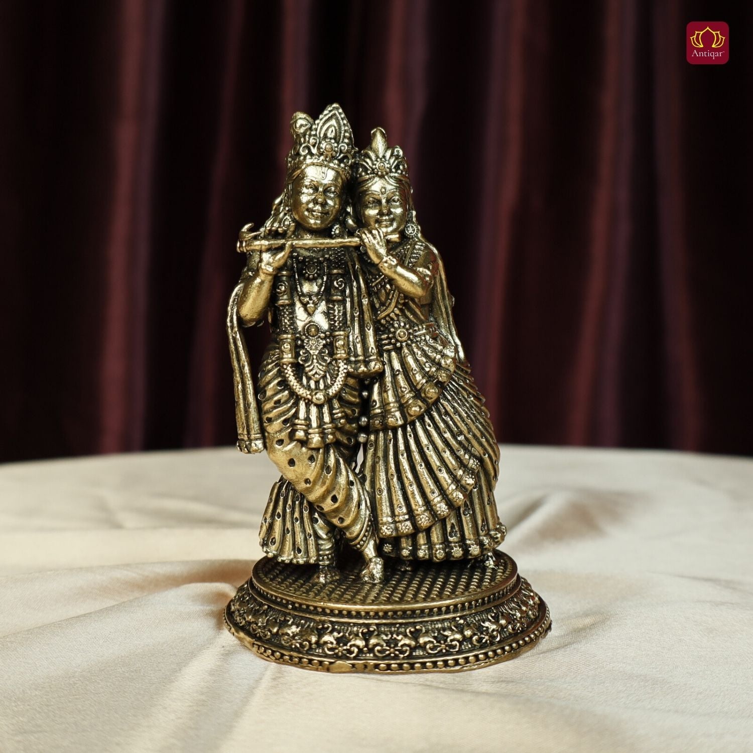 Brass Designer Radhakrishna Idol - 12cm | Antique Finish | Spiritual Idol for Temple & Home Decor