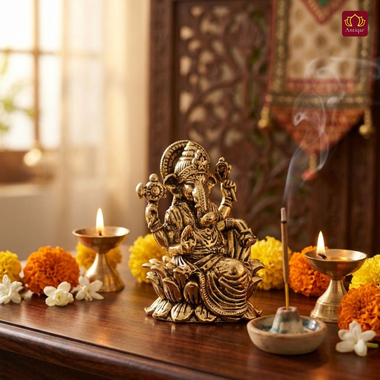 Brass Ganesh JI Idol - 3.5cm | Golden Finish | Spiritual Decor for Temple, Home & Car Dashboard