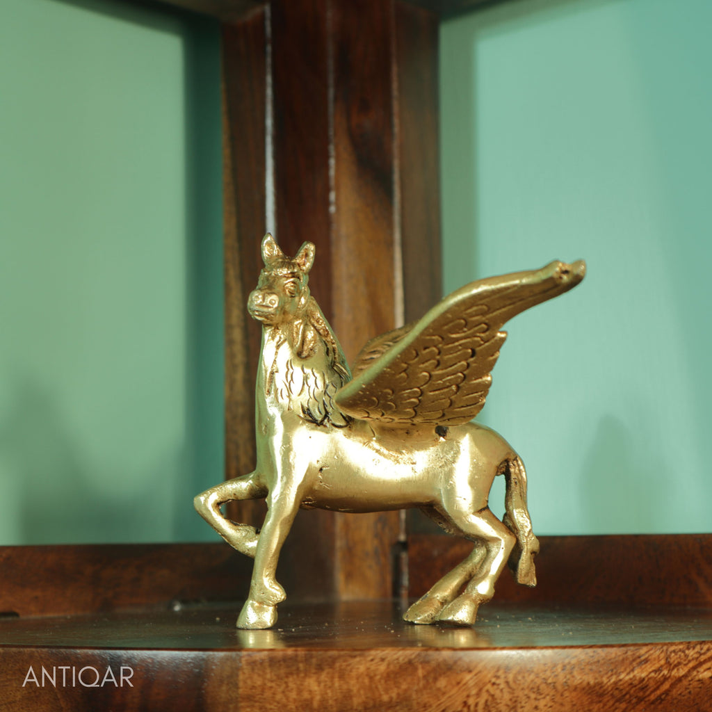 Brass Flying Horse Showpiece – 9.5 cm | Antique Golden Finish | Handcrafted Figurine for Home & Table Decor