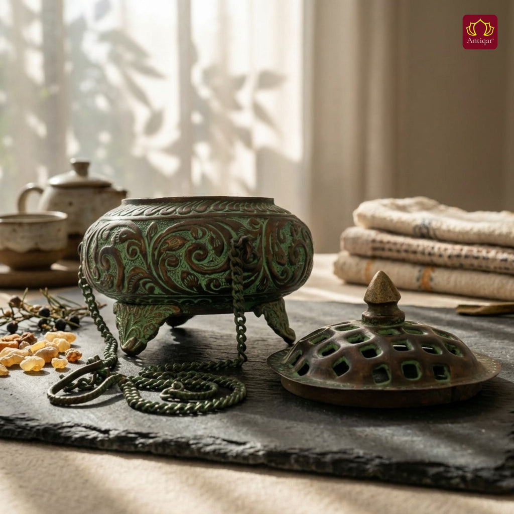 Antique Brass Incense Burner with Chain - 11cm  | Green Patina Finish | Decorative Vessel use for Meditation , Rituals & Aromatherapy
