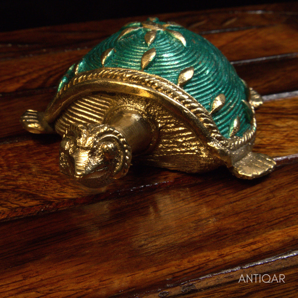 Dhokra Art Brass Turtle – 3 cm | Blue Antique Finish | Tribal Handcrafted Showpiece for Temple, Home & Table Decor