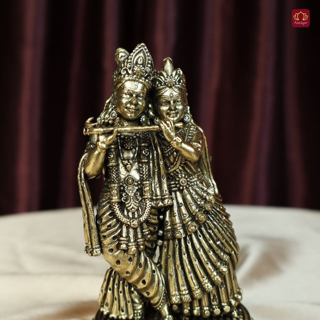 Brass Designer Radhakrishna Idol - 12cm | Antique Finish | Spiritual Idol for Temple & Home Decor