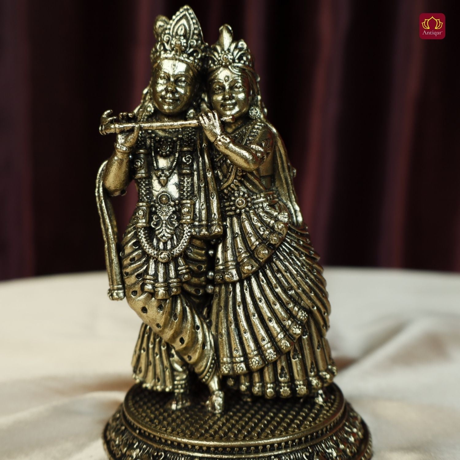 Brass Designer Radhakrishna Idol - 12cm | Antique Finish | Spiritual Idol for Temple & Home Decor