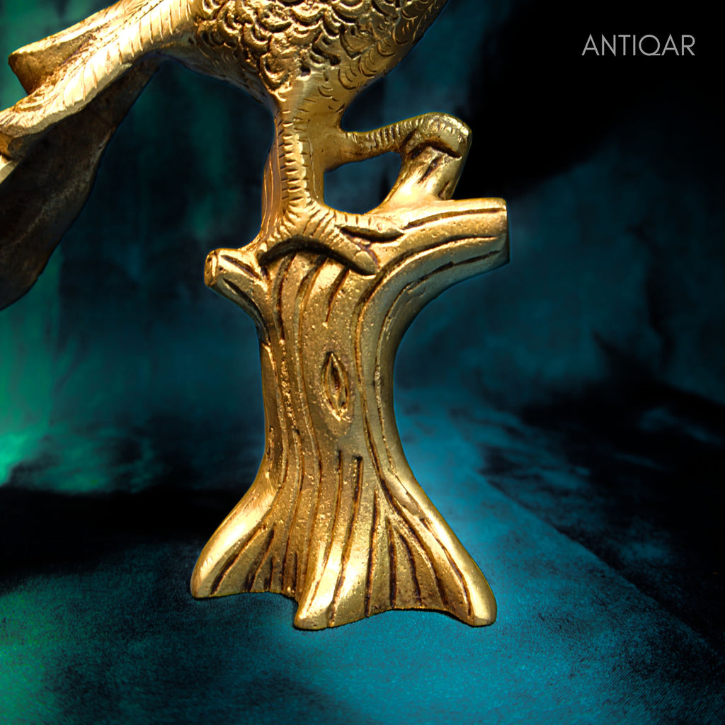 Brass Peacock Showpiece – 21 cm | Sitting on Tree Trunk Design | Antique Golden Finish | Handcrafted Decor for Temple, Home & Table