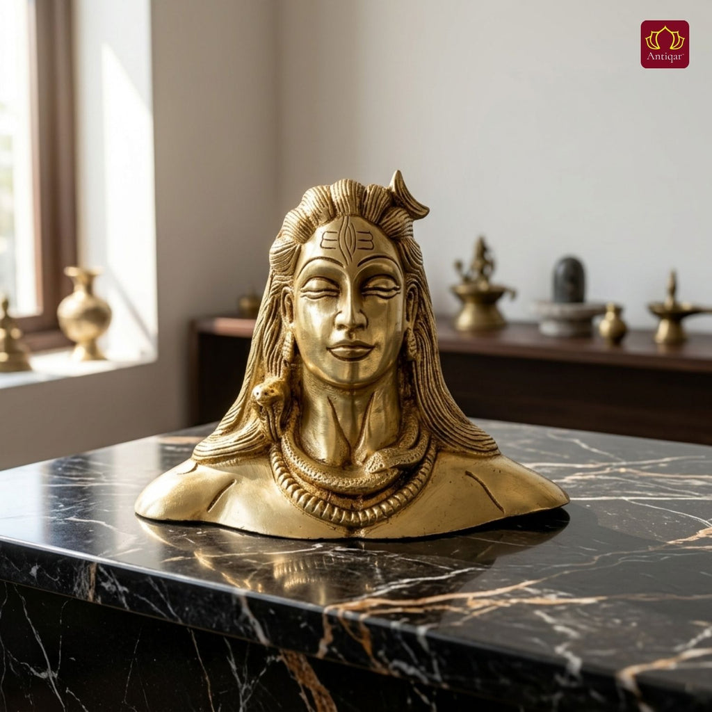 Brass Adiyogi Lord Shiva Idol - 11cm | Antique Finish | Spiritual Idol for Temple & Home Decor