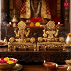 Brass Singhasan Ganesh Laxmi Pair Idol - 8cm | Antique Golden Finish | Spiritual Idol for Temple & Home Decor