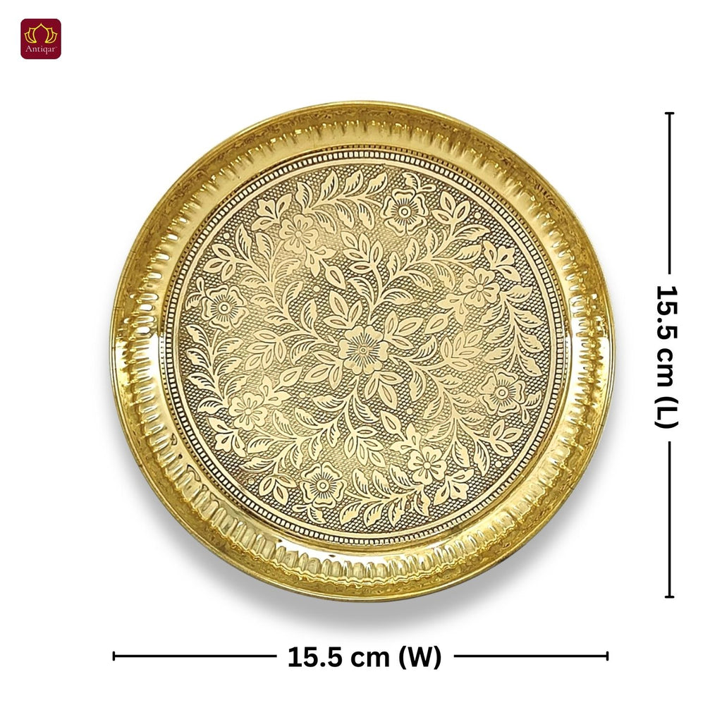 Brass Etching Floral Design Plate - 2cm | Serve Main Course items in Lunch & Dinner | Antique Golden Finish | Traditional Mughlai Style use for serving in Kitchen, Festivals and Restaurents