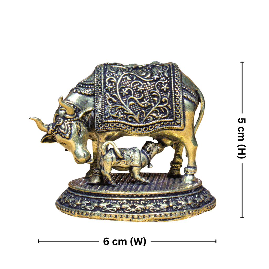 Brass Kamdhenu Cow & Calf Figurine - 5cm | Antique Finish | Spritual use for Home, Temple & Dashboard Decor