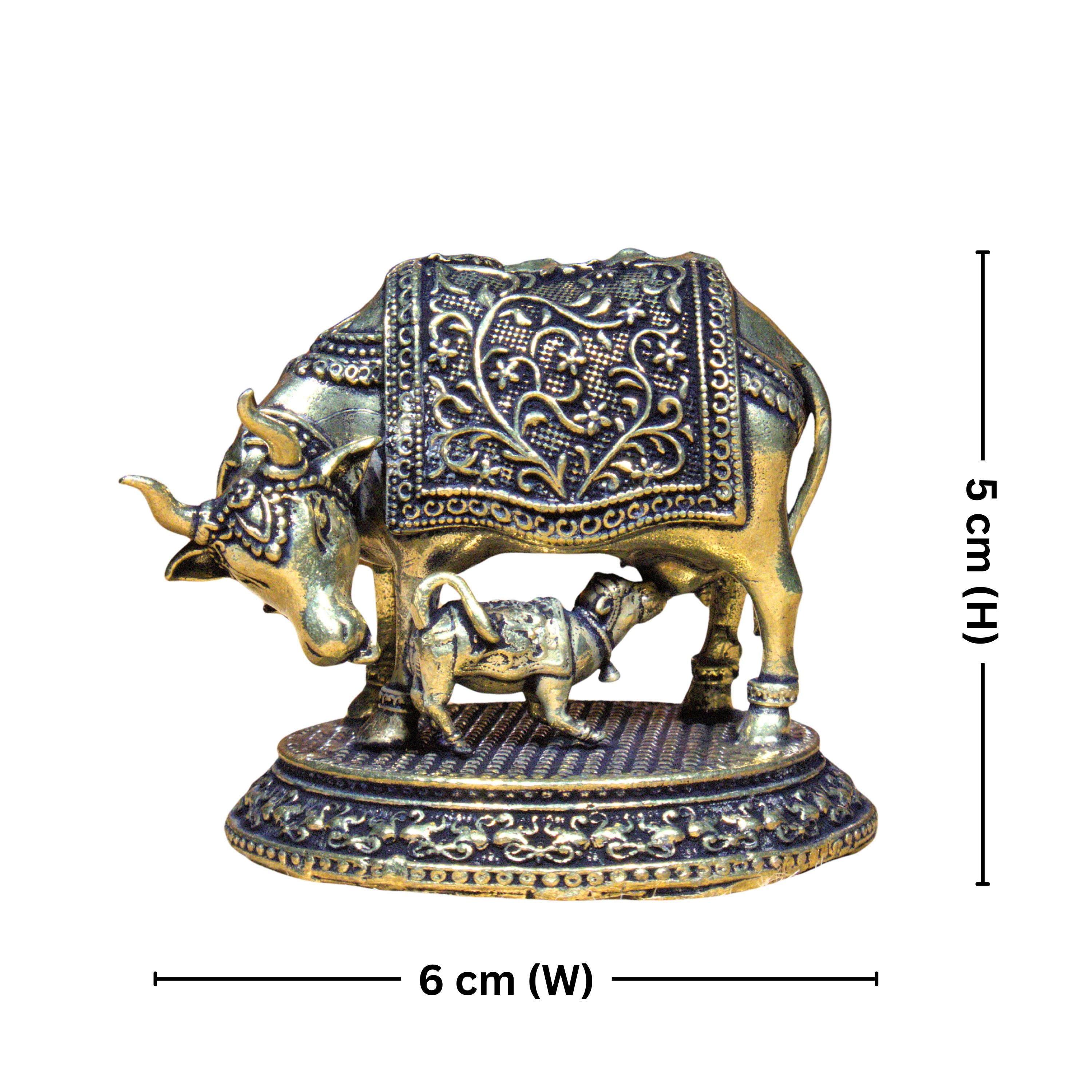 Brass Kamdhenu Cow & Calf Figurine - 5cm | Antique Finish | Spritual use for Home, Temple & Dashboard Decor